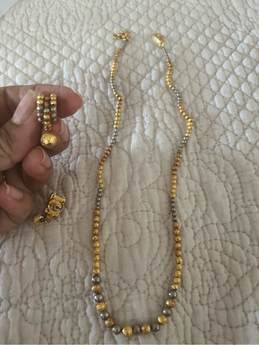 Gold and Silver Beaded Women's Necklace and Earrings Indian jewelry Set
